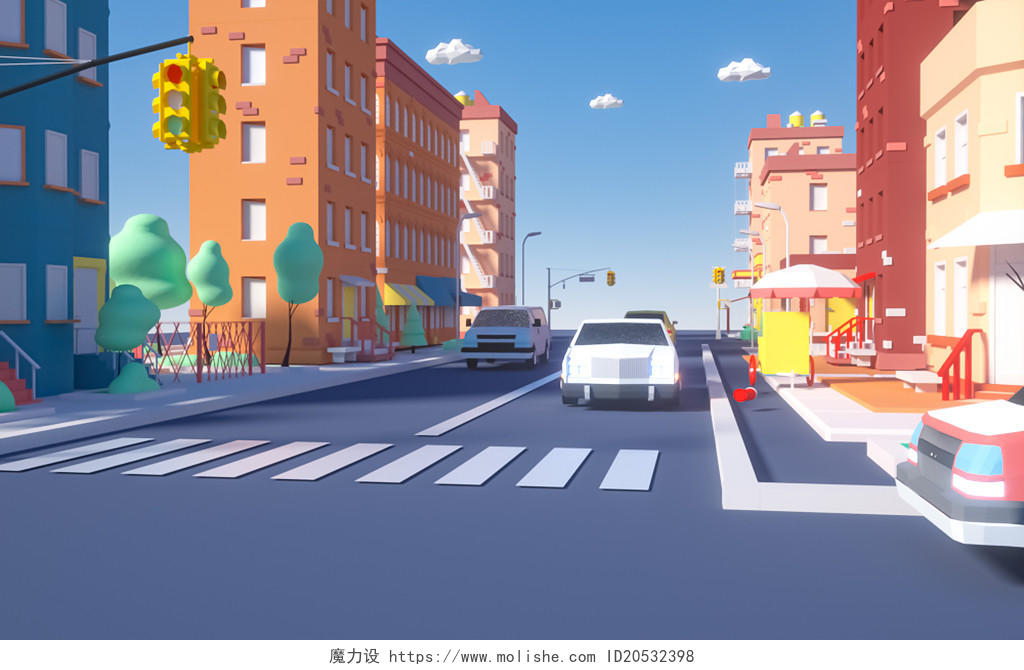 C4D卡通风格城市建筑城市街道彩色3D插画横版背景展板